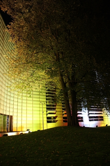 in Herbsttönen angestrahlte Fassade, Hügel mit einem Baum davor
