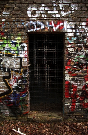 verrostetes Zaungitter vor einem bunt besprayten Türdurchgang