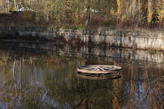 flacher Teich, Wagenrad, Uferbefestigungen