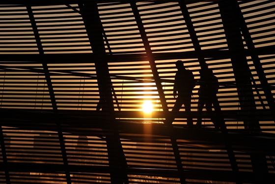 Silhouetten von Reichstagsbesuchern in der aufgehenden Sonne