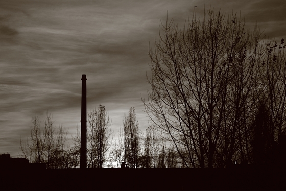 in Sepia-Farben getauchter Sonnenuntergang, Industrieschornstein, Bäume