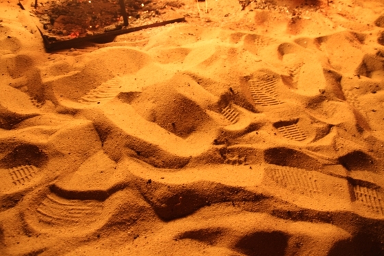Spuren im von einem Feuer beschienenen Sand