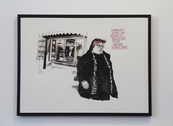 Zeichnung einer dicken Frau vor einem Dönerladen, Text "Da meine Zeit mittags sehr begrenzt ist, reicht es halt oft nur für einen kleinen Imbiss."