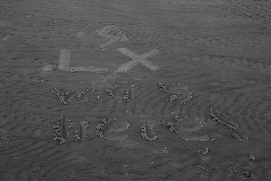 "LX was here" in Sand gemalt